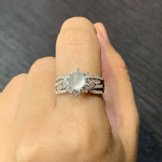 High-Icy Glowing Natural Jadeite Cabochon Ring — S925 Silver · No. 358D