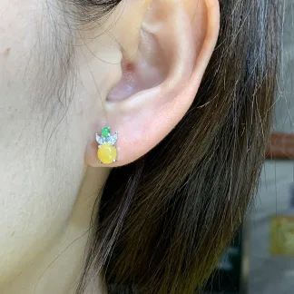 Icy Honey Yellow Natural Jadeite Cabochon Stud Earrings — S925 Silver · No. D426
