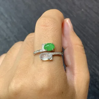 High-Icy White and Green Natural Jadeite Cabochon Ring — S925 Silver · No. 454F