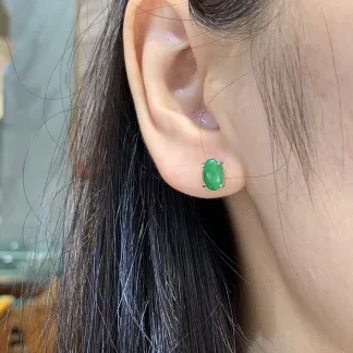 Vivid Green Natural Jadeite Cabochon Stud Earrings — S925 Silver · No. F756