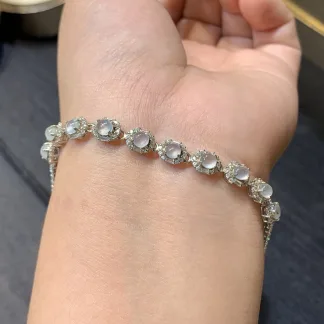 High-Icy Glowing Natural Jadeite Cabochon Bracelet — S925 Silver · No. 7F25