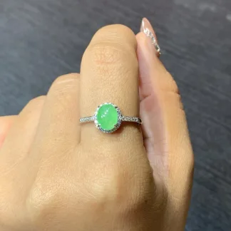 Icy Vivid Green Natural Jadeite Cabochon Ring — S925 Silver · No. 7F0B