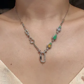 High-Icy Multicolor Natural Jadeite Convertible Cabochon Chain — S925 Silver · No. F211