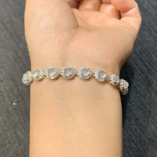 High-Icy Glowing Natural Jadeite Cabochon Bracelet — S925 Silver · No. 6028