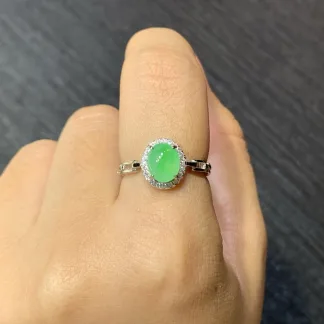 Icy Vivid Green Natural Jadeite Cabochon Ring — S925 Silver · No. 9300