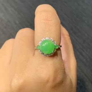 Icy Vivid Green Natural Jadeite Cabochon Ring — S925 Silver · No. 0E7A