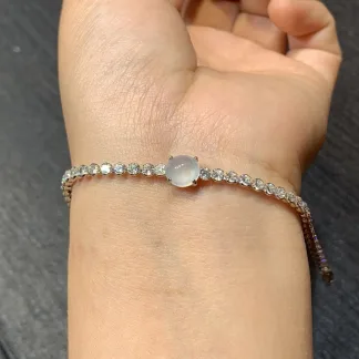 High-Icy Glowing Natural Jadeite Cabochon Bracelet — S925 Silver · No. C33A
