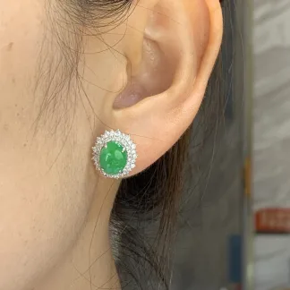 Icy Vivid Green Natural Jadeite Cabochon Stud Earrings — S925 Silver · No. E7C6