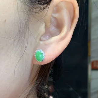 Icy Vivid Green Natural Jadeite Cabochon Stud Earrings — S925 Silver · No. 0420