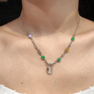 High-Icy Multicolor Natural Jadeite Convertible Cabochon Chain — S925 Silver · No. 404C