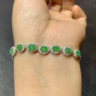Icy Vivid Green Natural Jadeite Cabochon Bracelet — S925 Silver · No. 3A1D