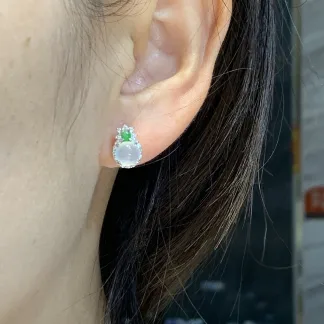 High-Icy Glowing Natural Jadeite Cabochon Stud Earrings — S925 Silver · No. 1A1D