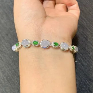 High-Icy Lavender and Vivid Green Natural Jadeite Cabochon Bracelet — S925 Silver · No. CA4E