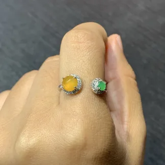 High-Icy Yellow and Green Natural Jadeite Cabochon Ring — S925 Silver · No. B8C6