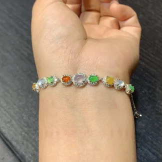 High-Icy Multicolor Natural Jadeite Cabochon Bracelet — S925 Silver · No. 514F