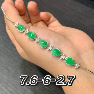 Icy Vivid Green Natural Jadeite Cabochon Bracelet — S925 Silver · No. 5CDB