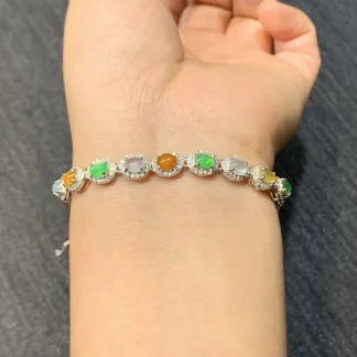 High-Icy Multicolor Natural Jadeite Cabochon Bracelet — S925 Silver · No. 1734