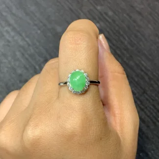 Icy Vivid Green Natural Jadeite Cabochon Ring — S925 Silver · No. 5966