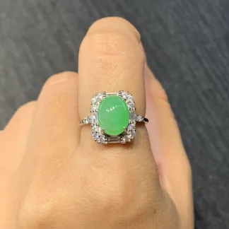 Icy Vivid Green Natural Jadeite Cabochon Ring — S925 Silver · No. 3B1A
