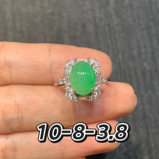 Icy Vivid Green Natural Jadeite Cabochon Ring — S925 Silver · No. 3B1A