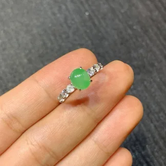 Icy Vivid Green Natural Jadeite Cabochon Ring — S925 Silver · No. E962