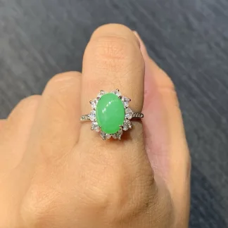 Icy Vivid Green Natural Jadeite Cabochon Ring — S925 Silver · No. 14A1