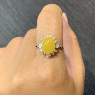 Icy Honey Yellow Natural Jadeite Cabochon Ring — S925 Silver · No. 00C0