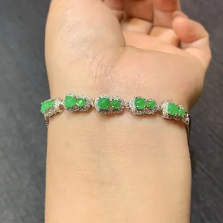 Icy Vivid Green Natural Jadeite Cabochon Bracelet — S925 Silver · No. 1688