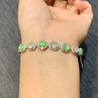 High-Icy White and Green Natural Jadeite Cabochon Bracelet — S925 Silver · No. FFD3