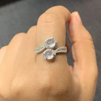 High-Icy Glowing Natural Jadeite Twin Cabochon Ring — S925 Silver · No. D31F
