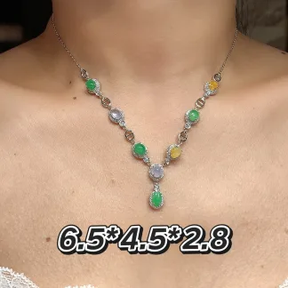 High-Icy Multicolor Natural Jadeite Cabochon Necklace — S925 Silver · No. B8A4