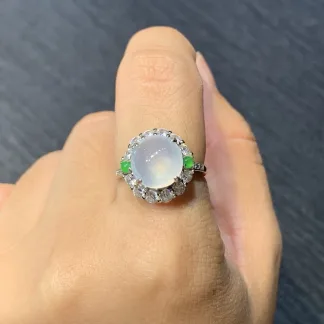 High-Icy Glowing Natural Jadeite Cabochon Ring — S925 Silver · No. 123A