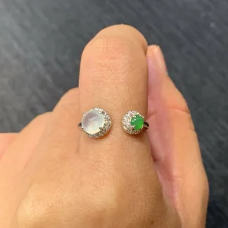 High-Icy Glowing White and Green Natural Jadeite Cabochon Ring — S925 Silver · No. 880A