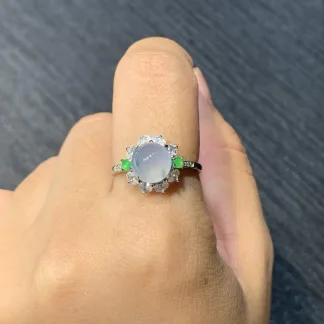 High-Icy Glowing Lavender Mottled Natural Jadeite Cabochon Ring — S925 Silver · No. 28B6