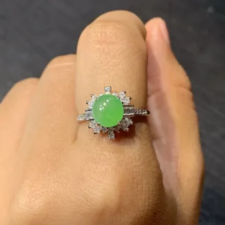 Icy Vivid Green Natural Jadeite Cabochon Ring — S925 Silver · No. 176F