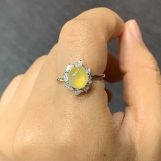 High-Icy Honey Yellow Natural Jadeite Cabochon Ring — S925 Silver · No. 33CF