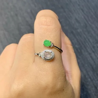 High-Icy Glowing White and Green Natural Jadeite Cabochon Ring — S925 Silver · No. 819D
