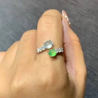 High-Icy White and Green Natural Jadeite Cabochon Ring — S925 Silver · No. B7FD