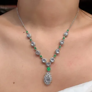High-Icy Glowing White and Green Natural Jadeite Cabochon Necklace — S925 Silver · No. 8E6B