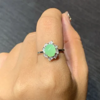 Soft Fresh Green Natural Jadeite Cabochon Ring — S925 Silver · No. 704D