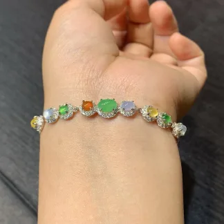 High-Icy Multicolor Natural Jadeite Cabochon Bracelet — S925 Silver · No. 188F