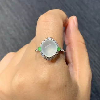 High-Icy Glowing Natural Jadeite Cabochon Ring — S925 Silver · No. F756