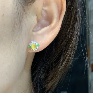 High-Icy Honey Yellow Natural Jadeite Cabochon Stud Earrings — S925 Silver · No. 4261