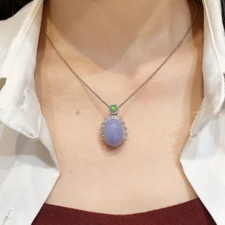 Lavender Natural Jadeite Cabochon Pendant — S925 Silver · No. 8C52