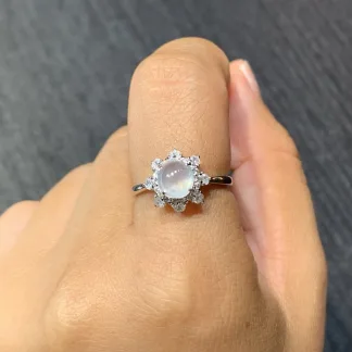 High-Icy Glowing Natural Jadeite Cabochon Ring — S925 Silver · No. BD6C