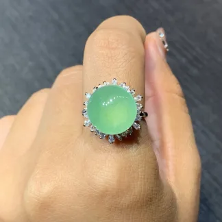 High-Icy Clear Green Natural Jadeite Cabochon Ring — S925 Silver · No. 8728