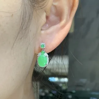 Icy Vivid Green Natural Jadeite Cabochon Drop Earrings — S925 Silver · No. B726