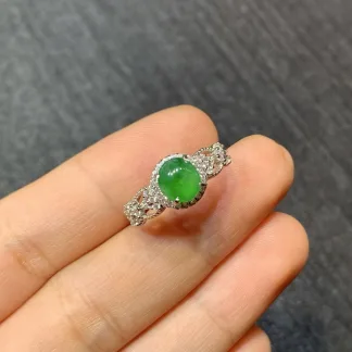 Icy Vivid Green Natural Jadeite Cabochon Ring — S925 Silver · No. 8351