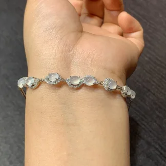 High-Icy Glowing Natural Jadeite Cabochon Bracelet — S925 Silver · No. 1C5C