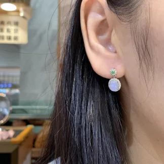 Icy Lavender Cabochon and Vivid Green Natural Jadeite Cabochon Drop Earrings — S925 Silver · No. A6CE